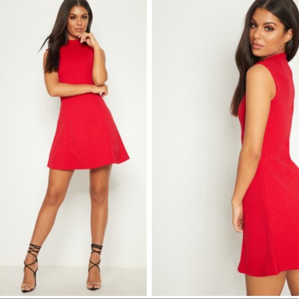 Red High Neck Shoulder Pad Detail Skater Dress